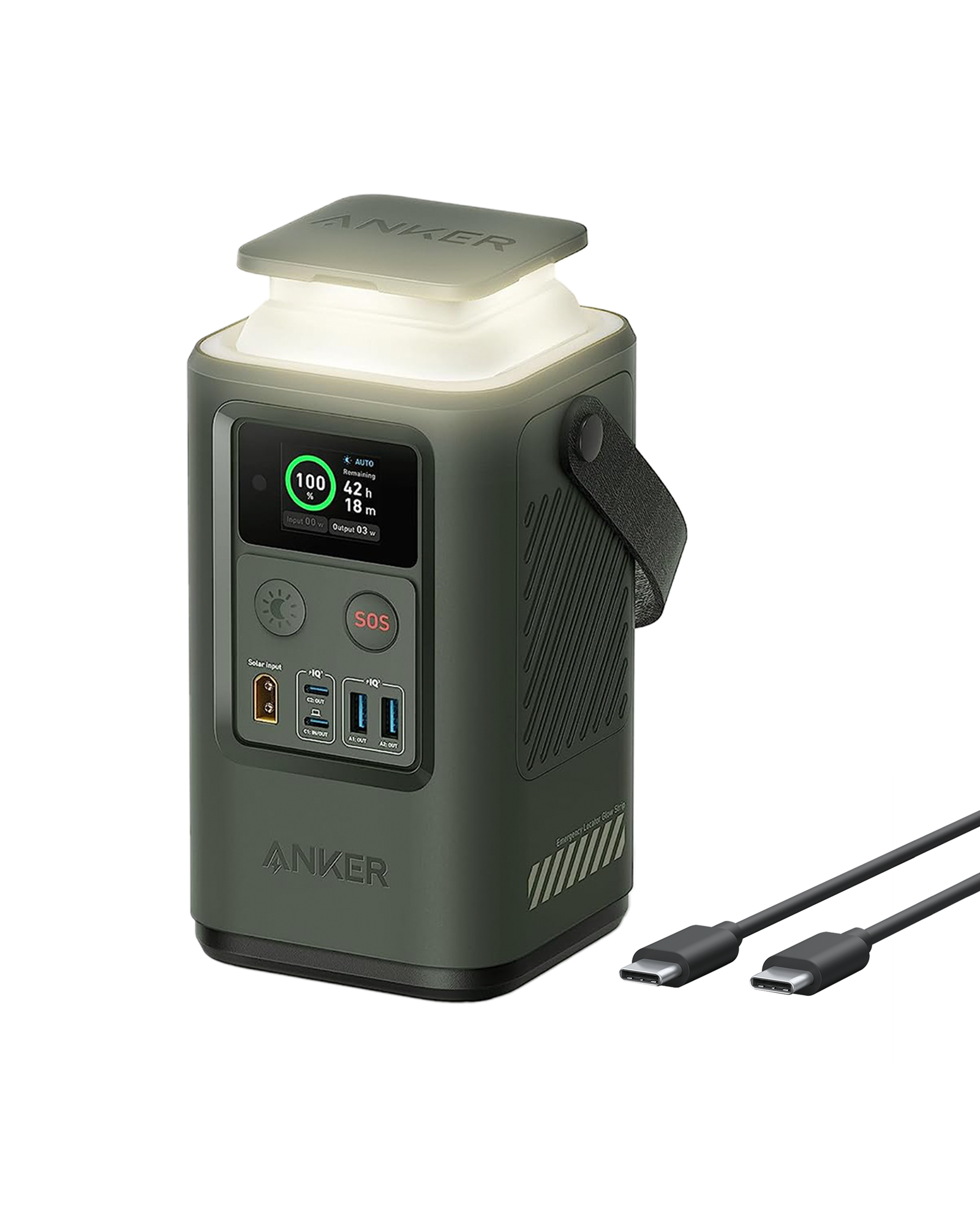 AnkerSOLlIX for portable power station with lamp and dual USB-C cables.