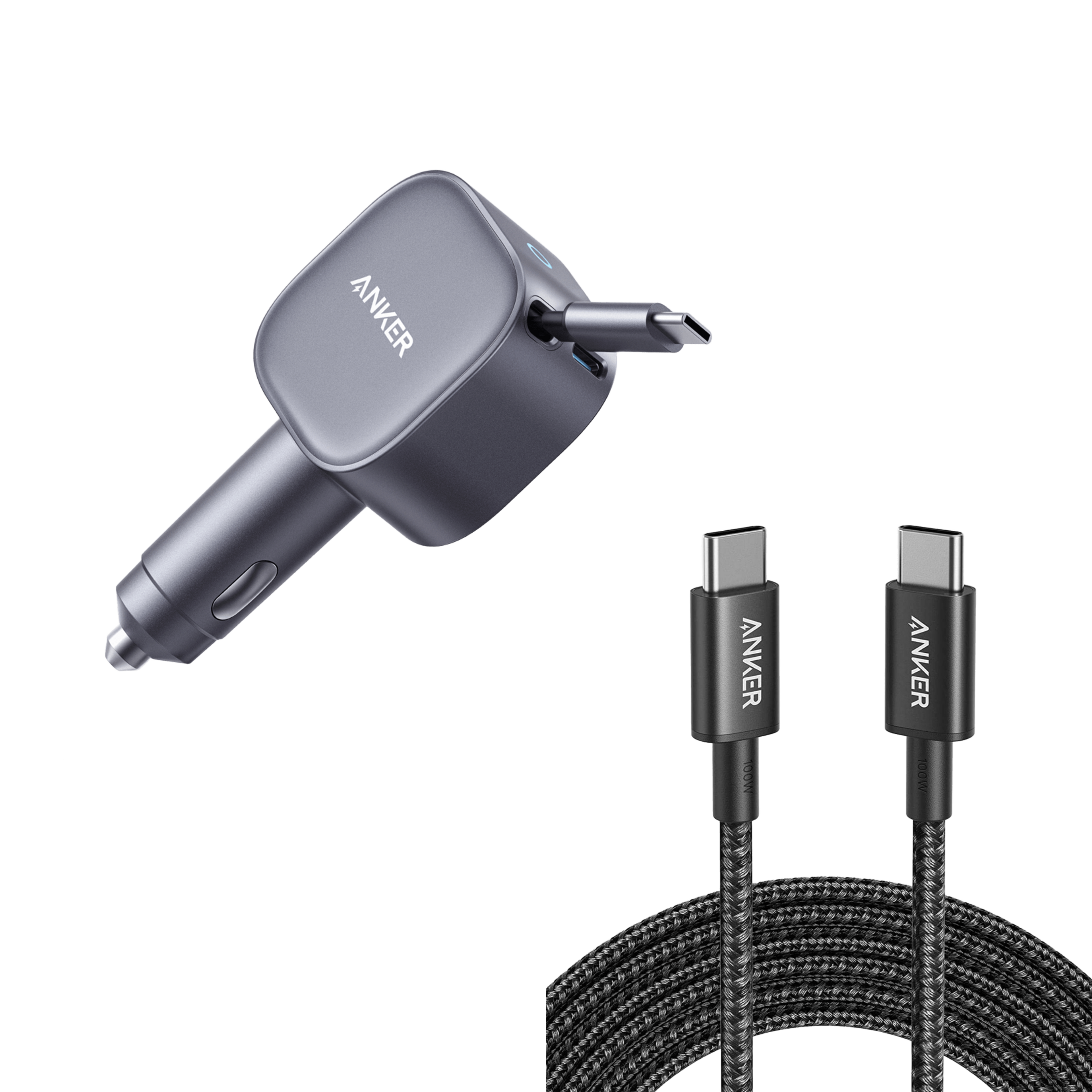 Anker Nano 75W Car Charger and New Nylon USB-C to USB-C 100W Cable (10 ft)